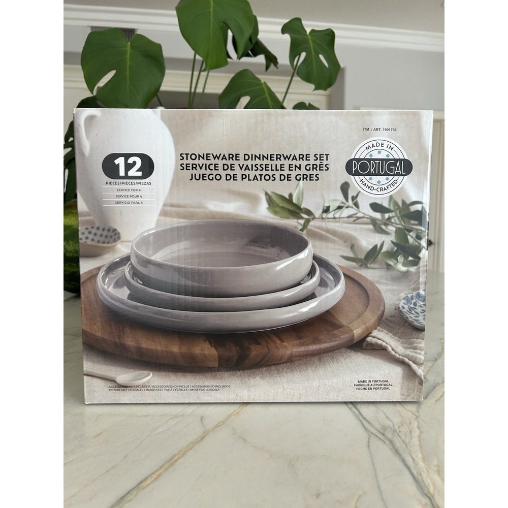 Safdie Alma Dinnerware Set Gray 12Pc Service for 4 Stoneware Dishwasher Safe